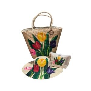 Hand Painted Floral Beach Bag with Hat and Makeup Bag! NEW